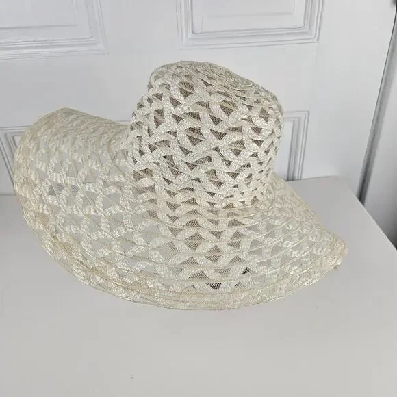 VTG 1970s wide brim sheer Hat crisscross  prairie cottage boho bridesmaid - Picture 3 of 10